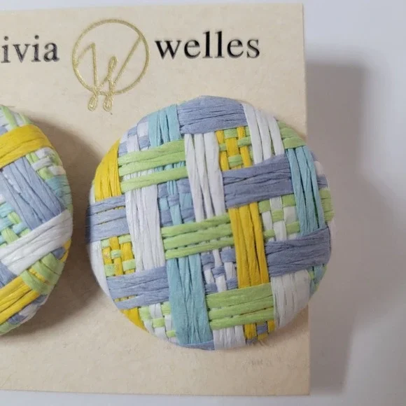 Olivia Welles Large Round Woven Button Post Pastel Earrings Coastal Grandma - - Picture 2 of 4